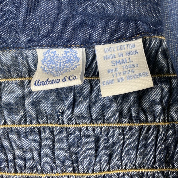 Andrew & Co Women's Blue Denim Shirred Lace up Blouse Small 3/4 Sleeve Western - Picture 3 of 8